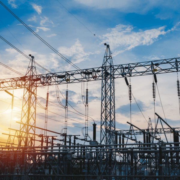 Power lines and transmission towers at sunset, delivering electricity to the grid with a dramatic sky background, illustrating energy infrastructure.