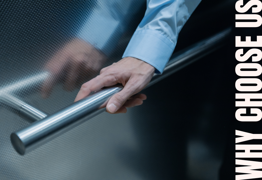 Person in a blue shirt opening a modern elevator door, highlighting trust and choice. Text on the side reads "Why Choose Us."