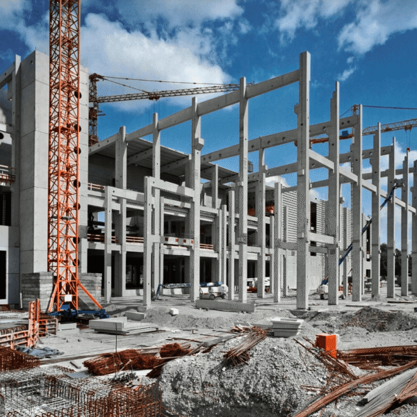 Construction site with large cranes, steel framework, and building materials under a blue sky, showcasing modern architecture development.