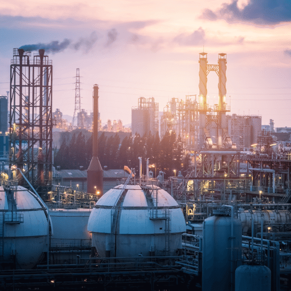 Industrial plant with gas storage tanks and chimneys emitting smoke at sunset, highlighting energy production and atmospheric impact.