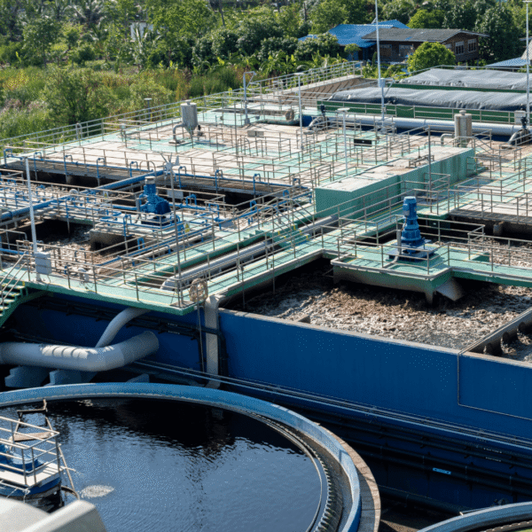 Wastewater treatment plant with industrial tanks, pipes, and filtration systems, surrounded by greenery. Sustainable water management facility.