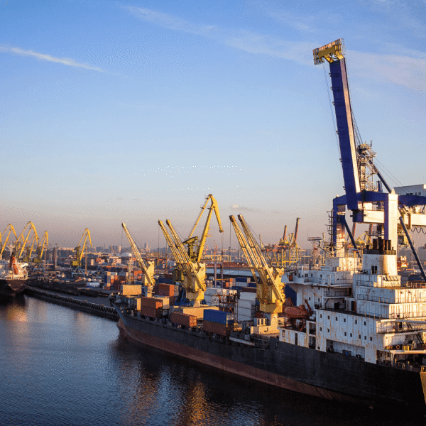 Cargo ships and cranes at a busy industrial port, under a blue sky, surrounded by shipping containers.