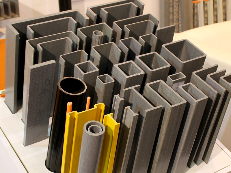 Assorted metal and composite profiles, including rectangular and circular tubes, displayed in an organized arrangement for industrial applications.