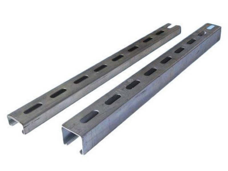 Two metal slotted strut channels for industrial construction and support, shown against a white background.